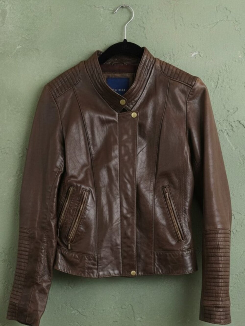 Cole Haan Genuine Lambskin Leather Jacket Distressed Brown Size XS